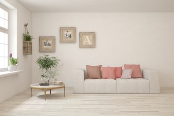 White living room with sofa. Scandinavian interior design. 3D illustration