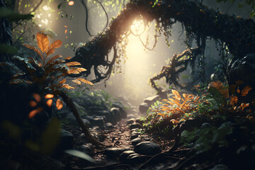 Fototapeta na wymiar sunlight, fairy forest, octane render, ultrarealistic, dramatic, cinematic,
