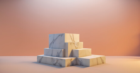 white marble pedestal steps in center with abstract or unorganized layout on pink background.  minimalistic abstract background concept for product placement. Minimal fashion mockup.generative ai