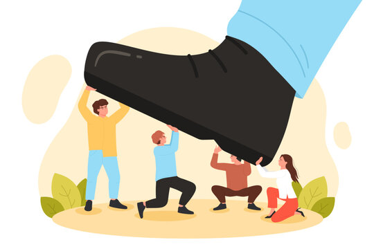 Giant foot step to crush team of business people vector illustration. Cartoon big shoe crushing tiny corporate employees, work of managers to resist pressure and conflict abuse of leaders stomp