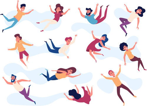 Flying characters. Happy dreaming people falling in action poses exact vector pictures collection