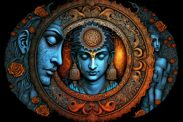 Fototapeta na wymiar Divine wisdom: portrait of Krishna in background of mandala
