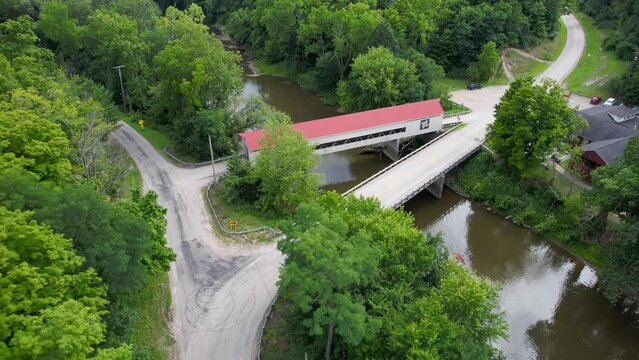 Aerial view of Mechanicsville Covered bridge in Ashtabula county, Ohio, USA.