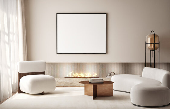 Mockup poster frame on the wall of living room with fireplace. Luxurious apartment background with contemporary design. Modern interior design. 3D render, 3D illustration.