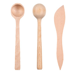 Wooden kitchen utensils. Spoon and knife for spreading butter.