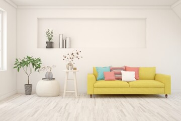 White living room with sofa. Scandinavian interior design. 3D illustration