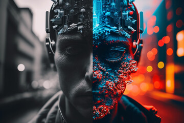 Man with headphones walks in the city listening to music. Psychology and bipolar disorder. Half of the face in gray everyday life and a bright colorful digital red-blue world. Generative AI