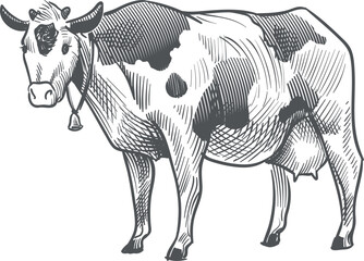 Cow engraving. Cattle icon. Hand drawn farm animal