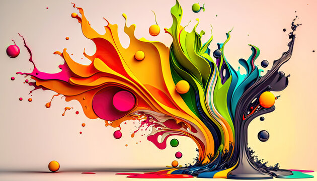 Farbige fl&uuml;ssige Farbspritzer aus &Ouml;l oder fl&uuml;ssigem Acryl  Digital Art Background Hintergrund Generative AI Illustration Cover 3D Magazin