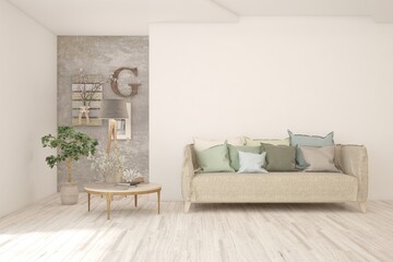 White living room with sofa. Scandinavian interior design. 3D illustration