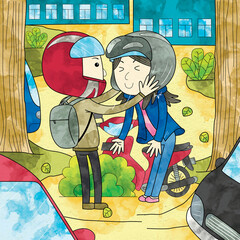 Couple prepare riding motorcycle in flat style illustration