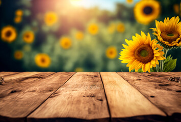 Empty old wooden table with field of sunflowers bokeh background