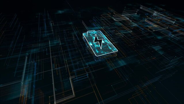 Motion graphic of Dark blue particle Battery logo electrical power concept and power reserve with grid line digital futuristic technology abstract background