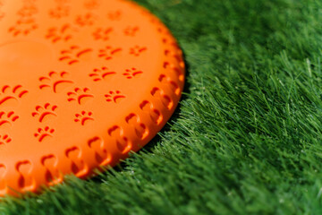 Orange rubber frisbee for dogs. on synthetic grass hard light