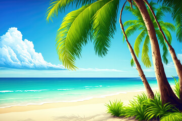 Amazing tropical paradise beach with white sand, a coconut palm, the sea, and a blue sky, a background for outdoor travel, a concept for a summer vacation, and a wallpaper made from nature. Caribbean