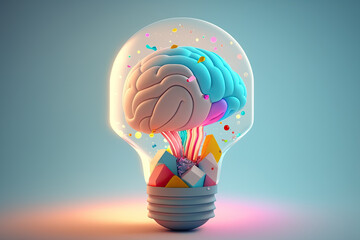 Human brain inside the lightbulb. Eureka concept. Creating ideas. Generative AI