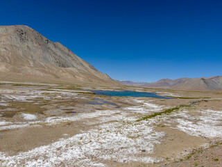 A small sea in the middle of a barren landscape.