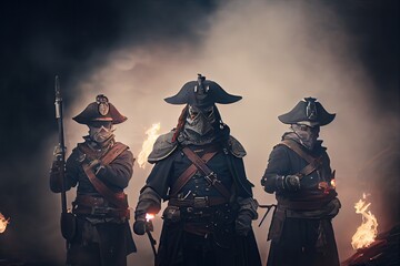 A group of masked musketeers on the battlefield with fire and smoke. Generative AI.