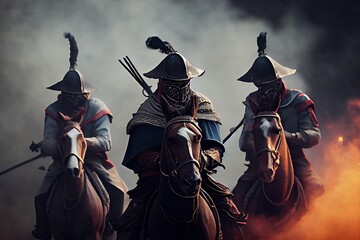 Fototapeta premium A group of masked musketeers on the battlefield with fire and smoke. Generative AI.