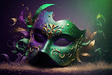 Carnival Mardi Gras mask in purple and green colors. Generative AI - obrazy, fototapety, plakaty