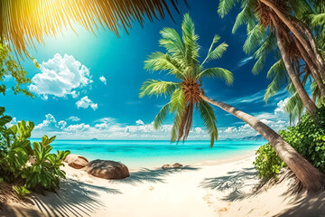 Fototapeta na wymiar Idyllic tropical beach, natural landscape with palm tree, bright sunny day. generative AI