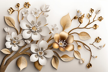 white and golden jewelry flowers on golden tree, white background