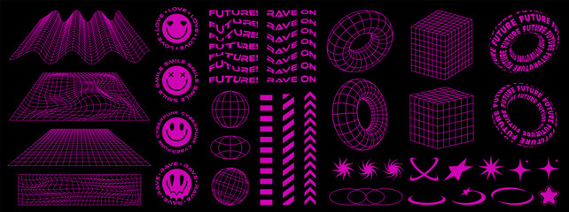Rave psychedelic retro futuristic set in Y2K-00s style. Surreal geometric shapes, abstract backgrounds and patterns, wireframe, cyberpunk elements and perspective grids. Vector elements and sticker.