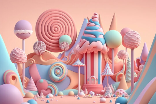 Candyland Houses made from Marshmallow and sweets. 3D Render, Generative Ai.