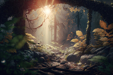 Obraz na płótnie Canvas sunlight, fairy forest, octane render, ultrarealistic, dramatic, cinematic