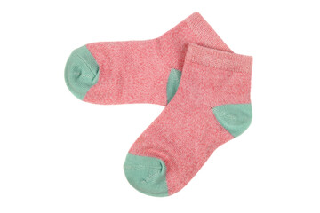 Pair of cute child pink socks on white background
