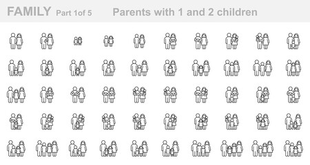 Fototapeta na wymiar Family (Part 1 of 5). Parents with one and two children. Father, mother, son, daughter, newborn, infant, kid, teenager. Set of outline icons (thin line vector). Editable Strokes