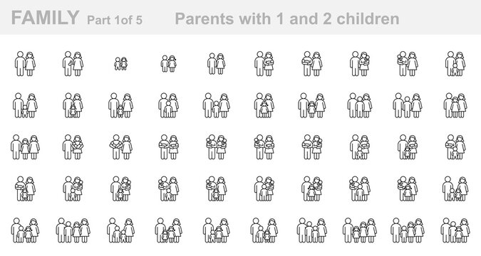 Family (Part 1 of 5). Parents with one and two children. Father, mother, son, daughter, newborn, infant, kid, teenager. Set of outline icons (thin line vector). Editable Strokes