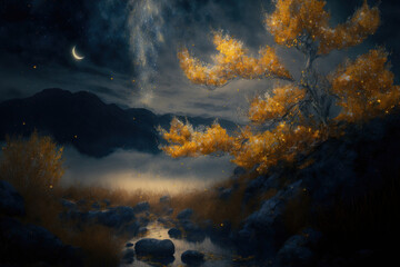 autumnal night in the highlands with a starry sky, golden leaves, and fog. Generative AI