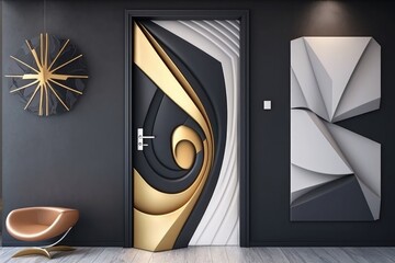 Luxury interior door bright by wooden, 3d, abstract, asymmetrical