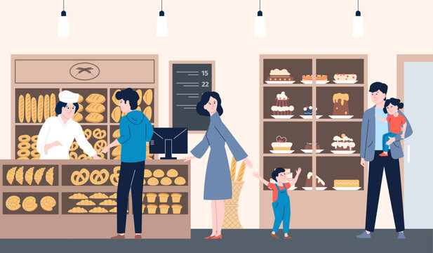 Bakery shop waiting line. Counter with bread and cakes, boulangerie food. People buy diverse pastry. Supermarket with sweets, kids with parents in store, recent vector scene