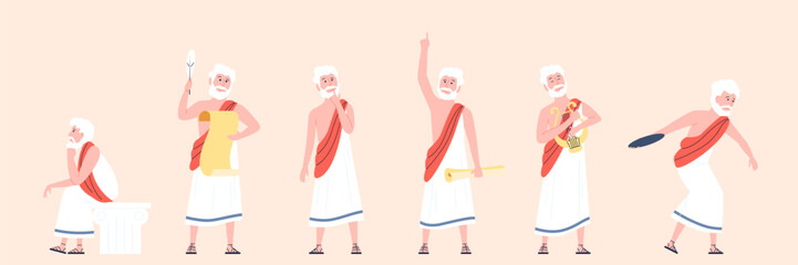 Ancient man in toga. Male wear traditional roman or greek clothes. Old philosophy character, senior thinking metaphysics and reflection, recent vector person - obrazy, fototapety, plakaty