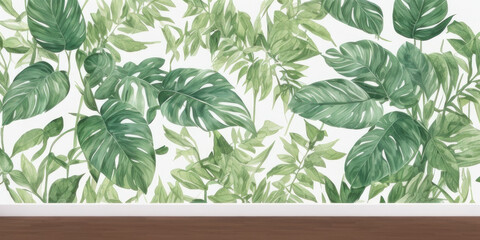 Green leaves on white wallpaper