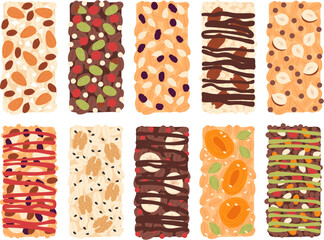 Muesli bars with nuts and dry fruits. Energy seed snack, natural healthy granola dessert for road or trip. Athletic food, organic muesli racy vector set