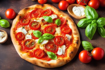 High-Resolution Image of a Delicious Italian Pizza Topped with Tomato, Mozzarella and Basil, Perfect for Adding a Tasty and Italian Element to any Food Design Project