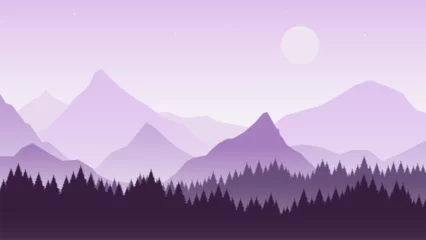 Fotobehang Purper Abstract nature purple, blue background. Landscape mountains, rocks silhouettes, hills and forest. Moon on starry sky, early sunrise fog vector scene  © LadadikArt