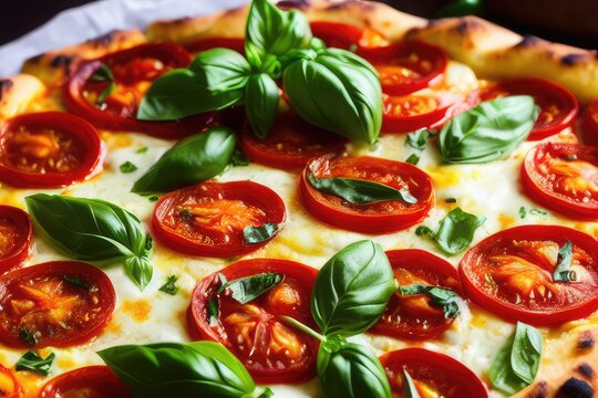 High-Resolution Image of a Delicious Italian Pizza Topped with Tomato, Mozzarella and Basil, Perfect for Adding a Tasty and Italian Element to any Food Design Project