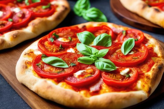 High-Resolution Image of a Delicious Italian Pizza Topped with Tomato, Mozzarella and Basil, Perfect for Adding a Tasty and Italian Element to any Food Design Project