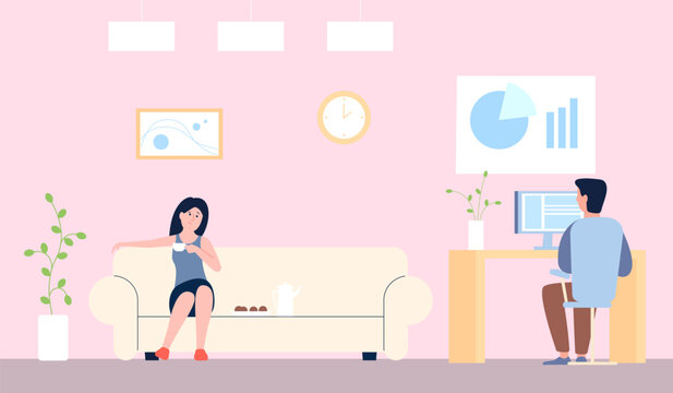 Couple daily routine. Work on computer and chilling on sofa with coffee. Man and woman at home spend time, freelancer vector character
