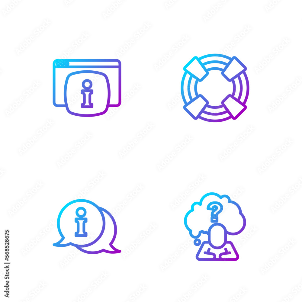 Poster set line head with question mark, information, monitor faq information and lifebuoy. gradient color 
