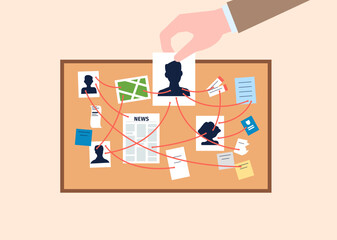 Investigation police office board with photos of wanted and stickers. Detective investigations of a crime, hand with a photo of criminal, vector scene