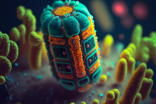 Realistic large cell inside the body among many bacteria enlarged under an electronic microscope. Generative AI technology.