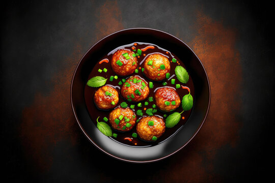 Veg Manchurian Gravy Balls in black bowl in dark slate table top. Vegetarian Manchurian is indian chinese cuisine dish. Asian food and meal. Top view. Copy space. Generative AI