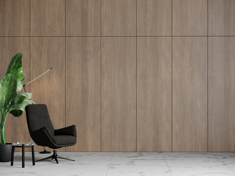 Luxury Office Or Reception, Exhibit Gallery. Restrained, Expensive Rich Interior Design Room. Natural Wood - Panel Veneer And Black Stylish Minimalist Armchair And Table. 3d Rendering