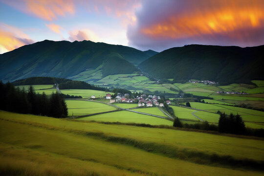 Picturesque Sunset Over Town Surrounded by Lush Green Mountains Generative AI Photo © SNCKPCK