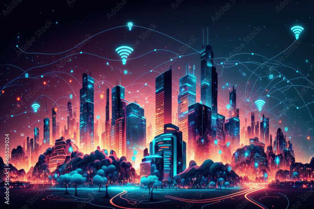Poster technology for connecting big data. concept for a communications and transmission network in a citys
